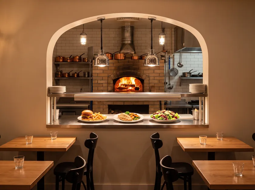 Generated scene: the open kitchen of a casual bistro with a glowing brick oven and plates of grilled food on the pass.